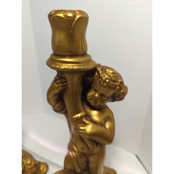 Set Of 2 VTG Gold Cherub Candleholder Candle Stick Chalk ware 13” - Picture 7 of 12